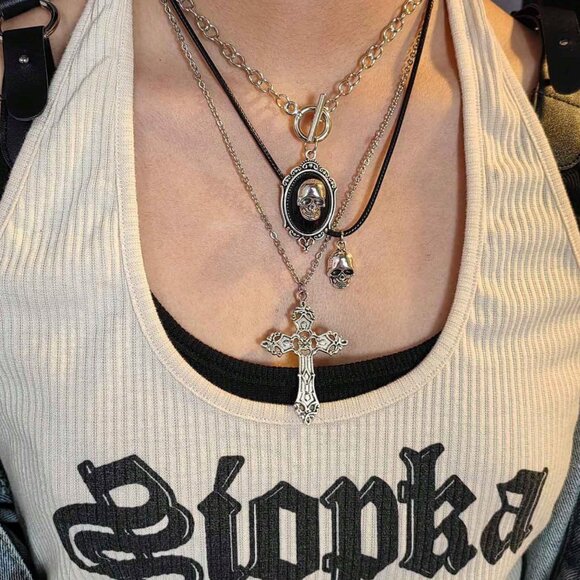 Three pieces Silver & Black Gothic Necklace set - Skull - Picture 1 of 5